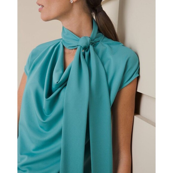 NWT Chico's Black Label Cowl Neck Top Dressy Shirt Tunic Tie Neck Bow Blue Large - Picture 2 of 11